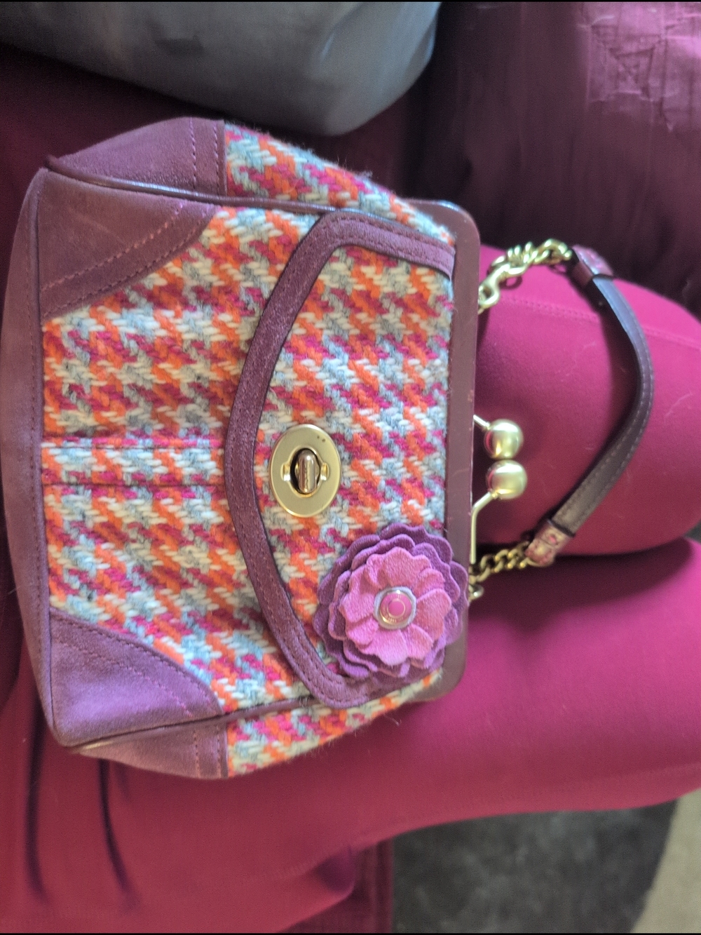 Coach Multicolor Houndstooth Tweed Satchel with Purple Trim - Picture 11 of 11